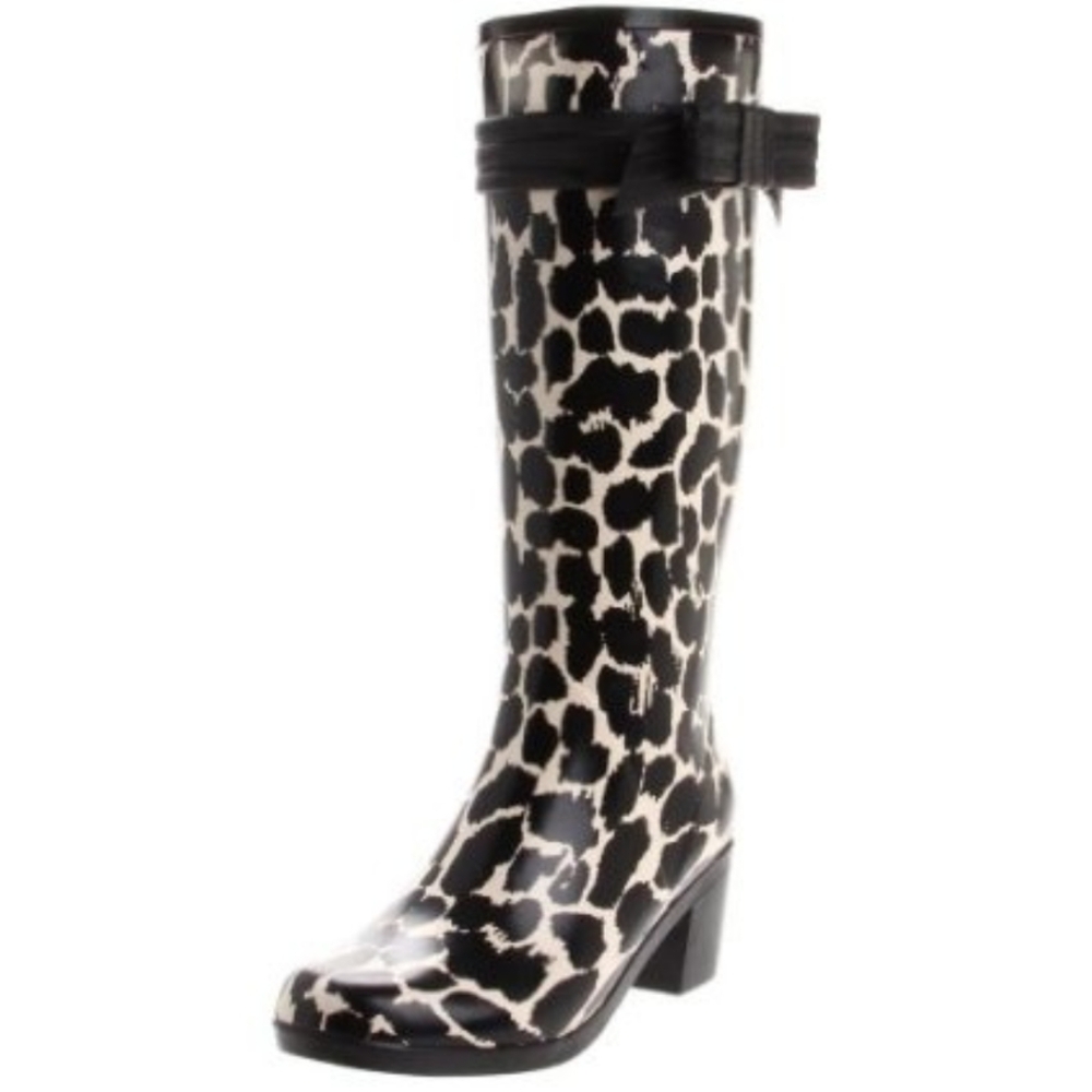kate spade Randi Animal Print Black Ivory Heeled Rain Boots with Bows Size 6